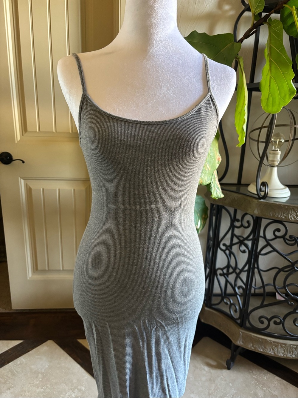 SKIMS Gray Ribbed Spaghetti Strap Maxi Slip Dress